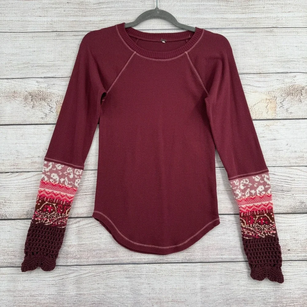 Free People Thermal Top Women S Burgundy Mixed Media Crochet Cuff Waffle Knit